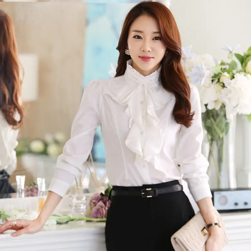 Women White Chiffon Long Sleeve Collar Shirt