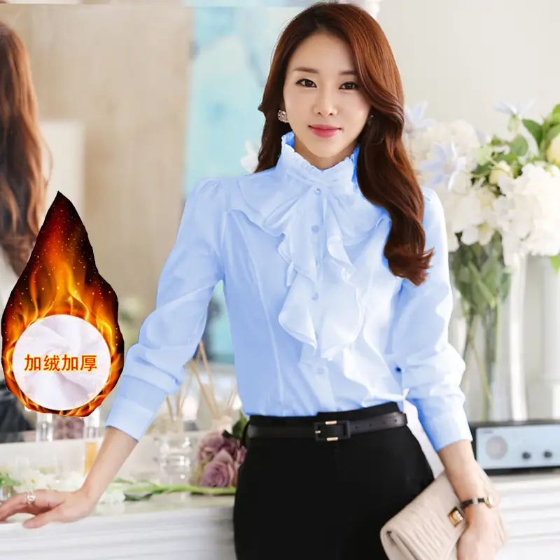 Women White Chiffon Long Sleeve Collar Shirt