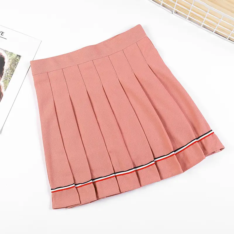 Women Pleated Anti-Exposure Skirt White Red Blue Stripes