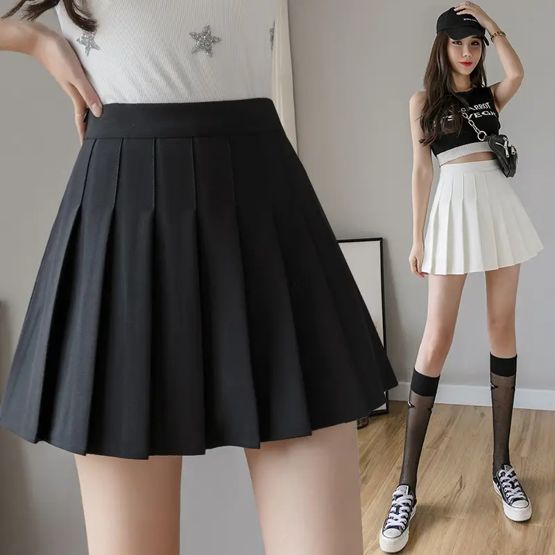 Women Pleated Grey Skirt High Waist Anti Glare