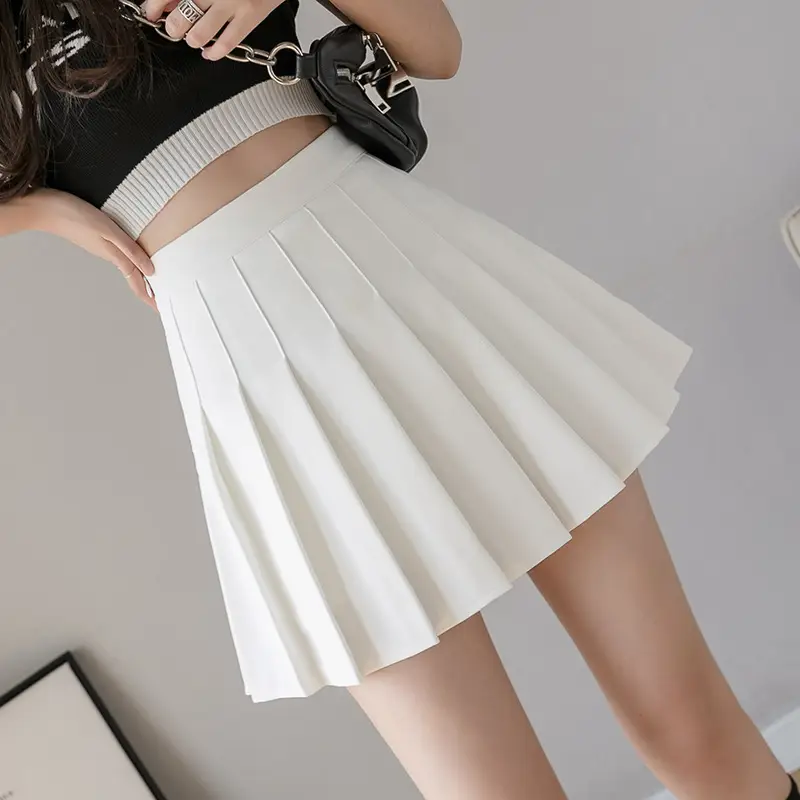 Women Pleated Grey Skirt High Waist Anti Glare