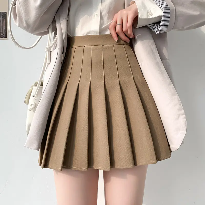 Women Pleated Grey Skirt High Waist Anti Glare