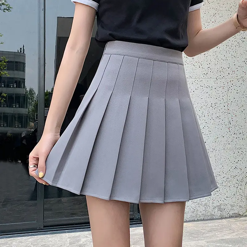 Women Pleated Grey Skirt High Waist Anti Glare