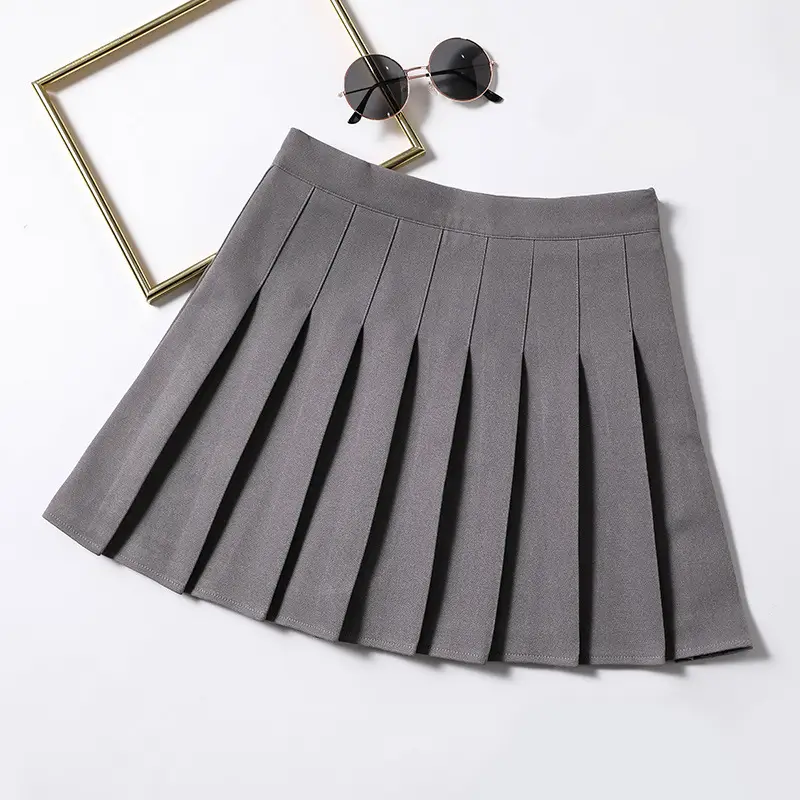Women Pleated Grey Skirt High Waist Anti Glare