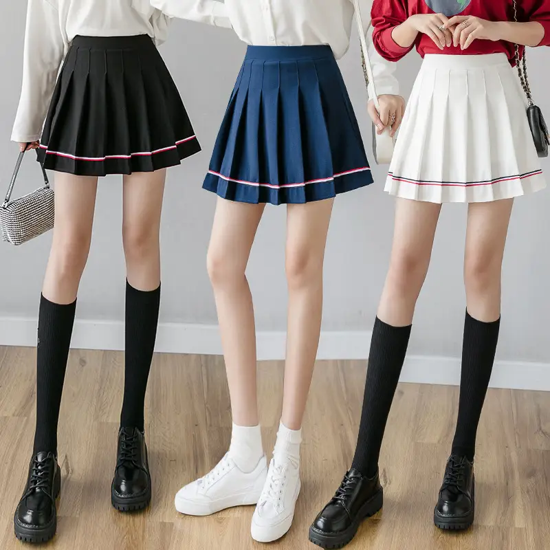 Black Pleated Skirt with Pink Trim High Waist