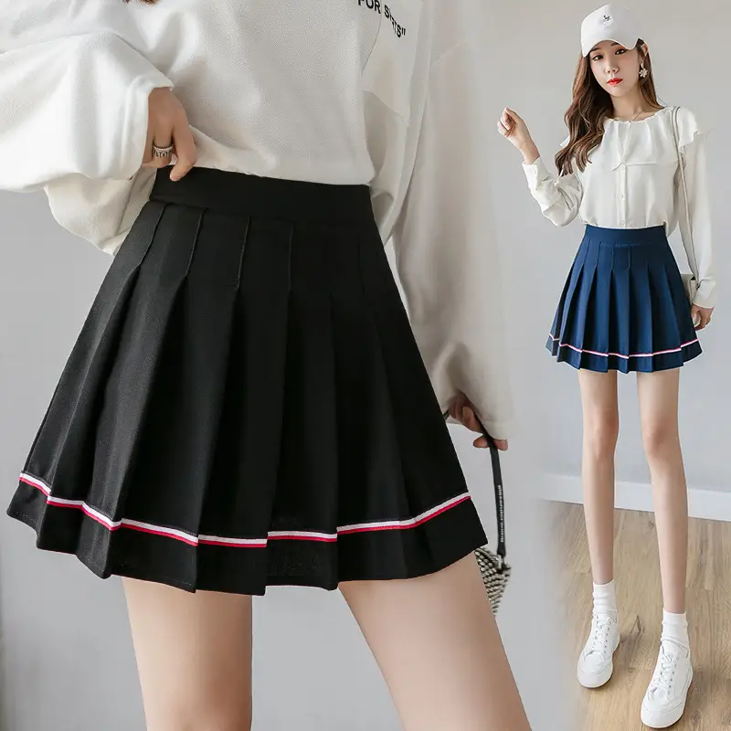 Black Pleated Skirt with Pink Trim High Waist