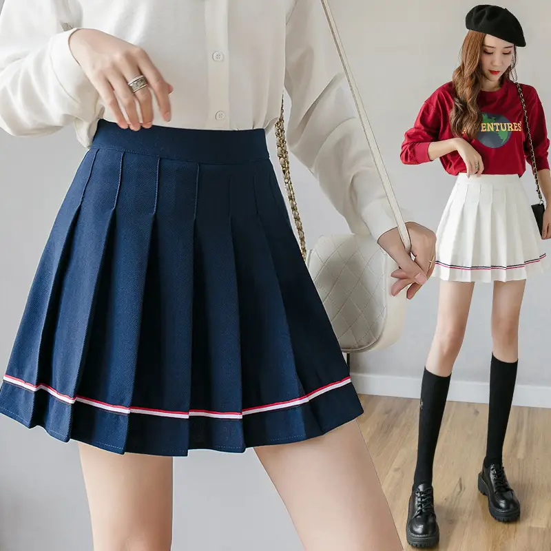 Black Pleated Skirt with Pink Trim High Waist