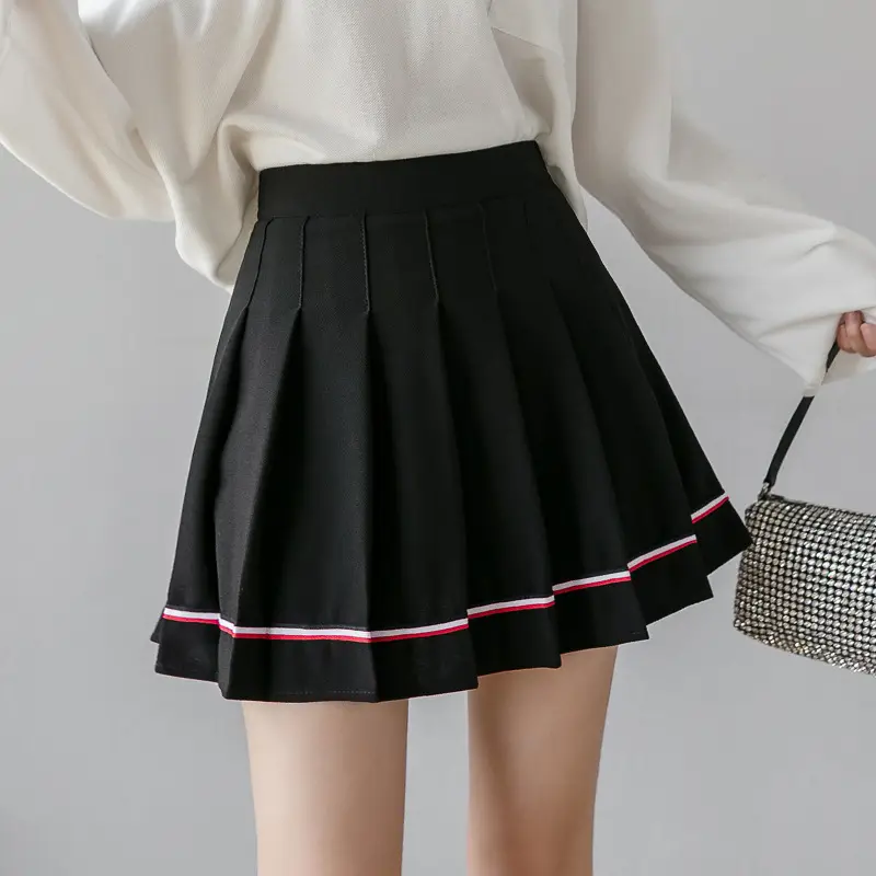 Black Pleated Skirt with Pink Trim High Waist