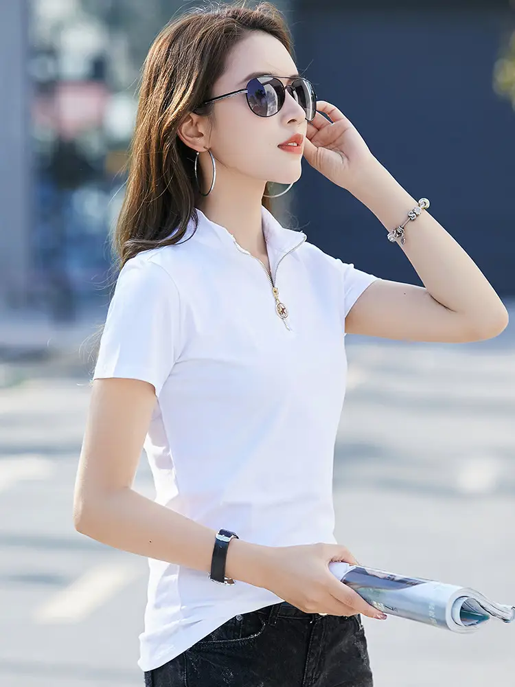 Women Short Sleeve Polo T-Shirt Grey Solid Color - Image 4