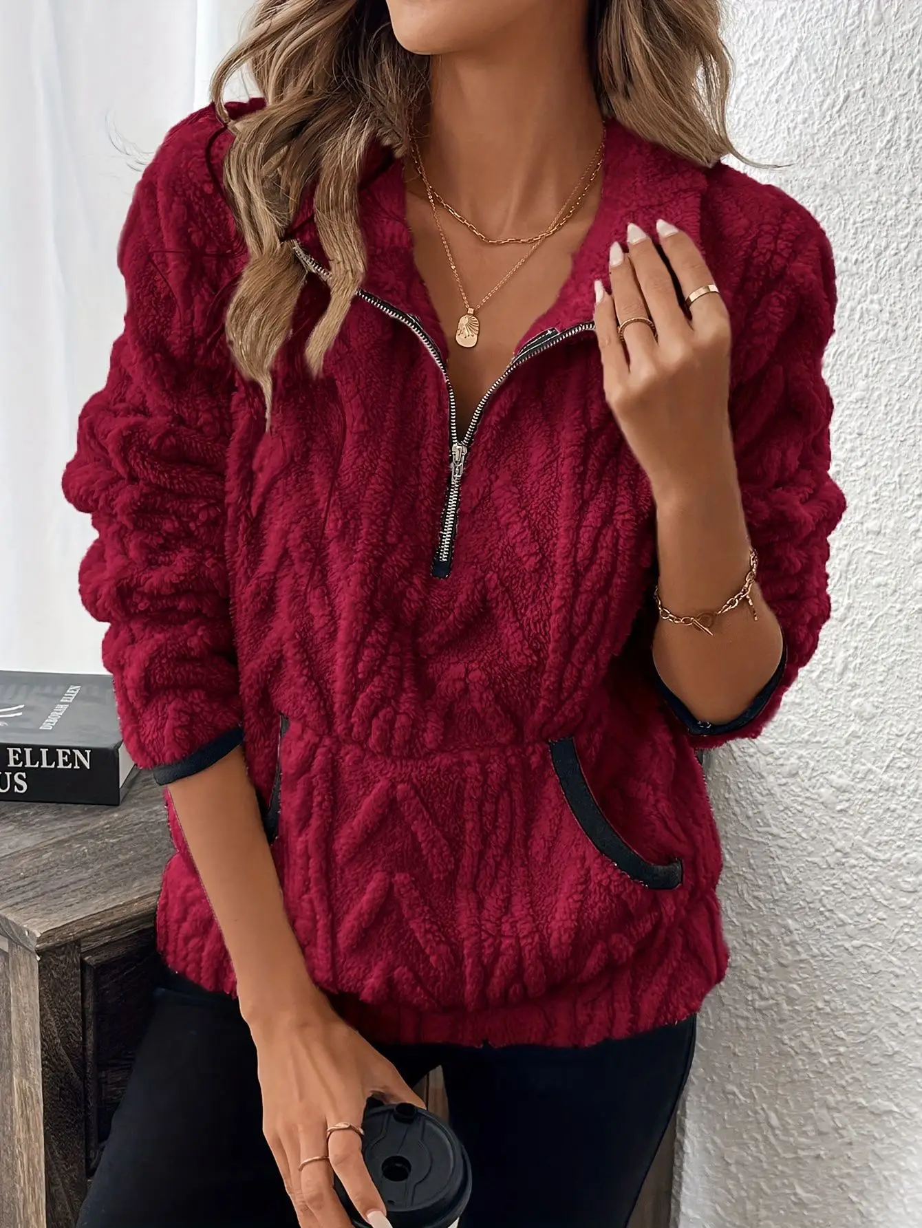 Purple Plush Half-Zip Sweatshirt with Pocket
