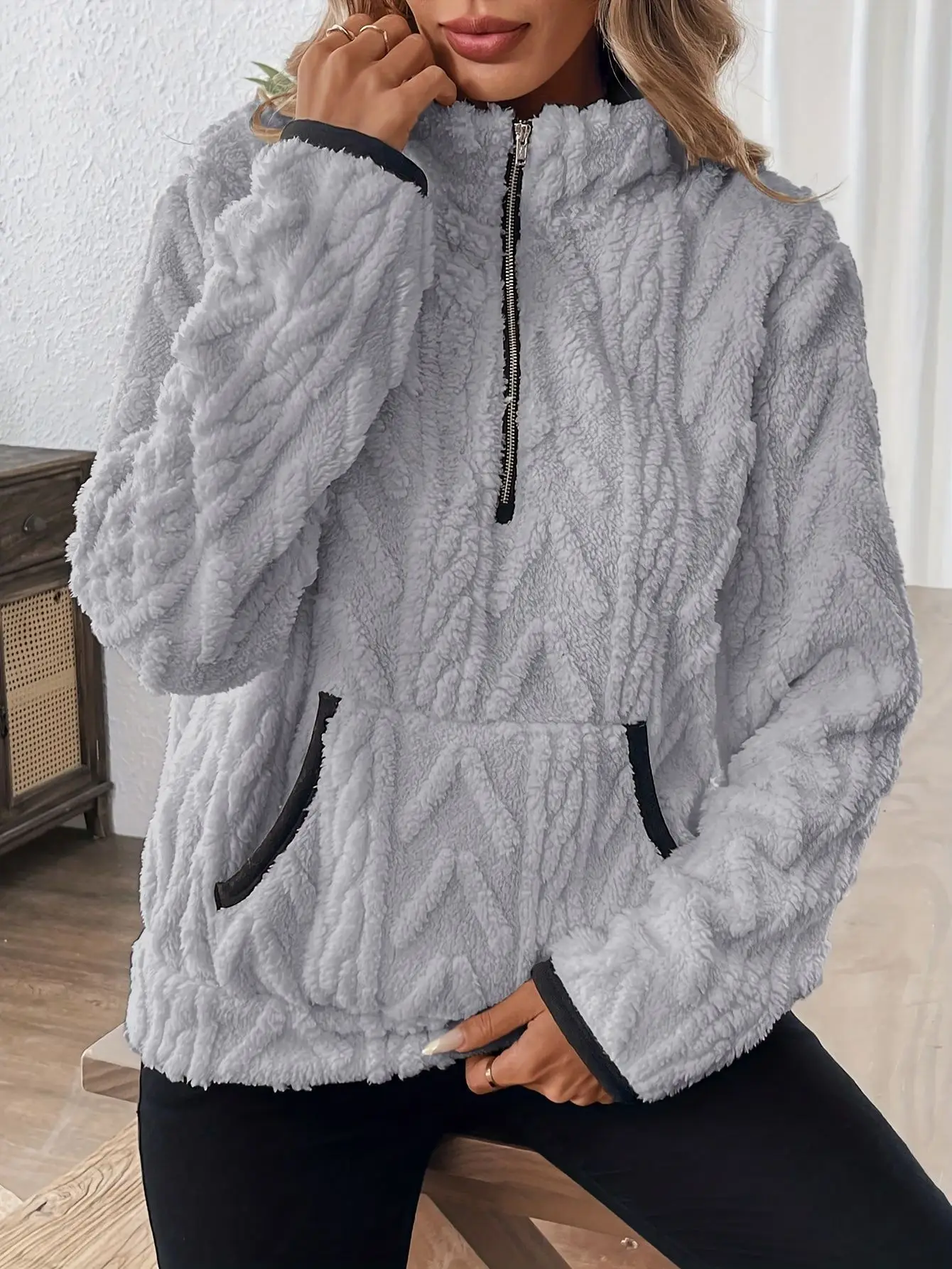 Purple Plush Half-Zip Sweatshirt with Pocket — feature 11