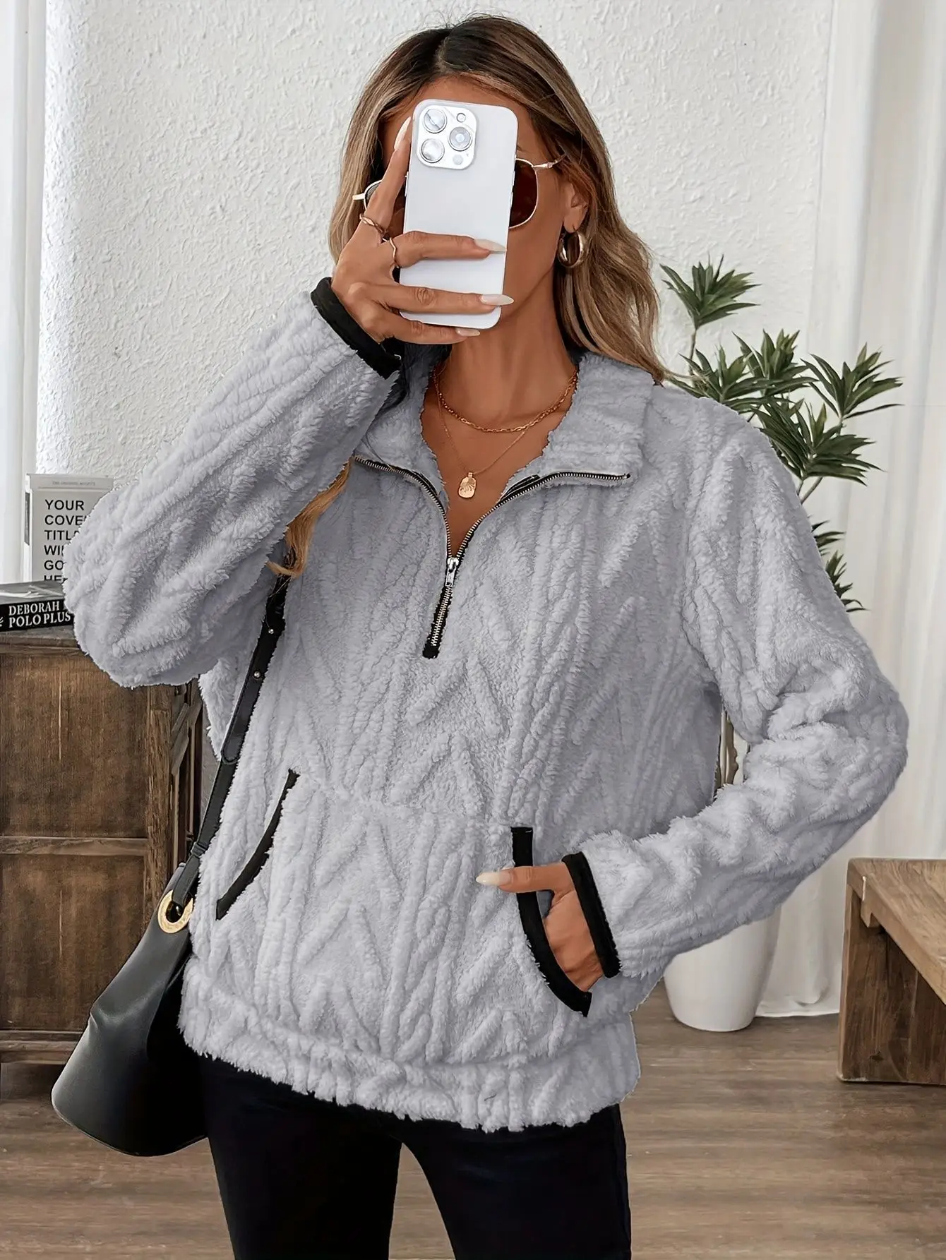 Purple Plush Half-Zip Sweatshirt with Pocket — feature 13