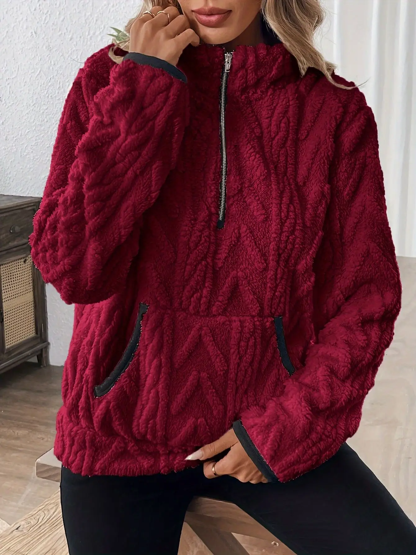 Purple Plush Half-Zip Sweatshirt with Pocket — feature 15