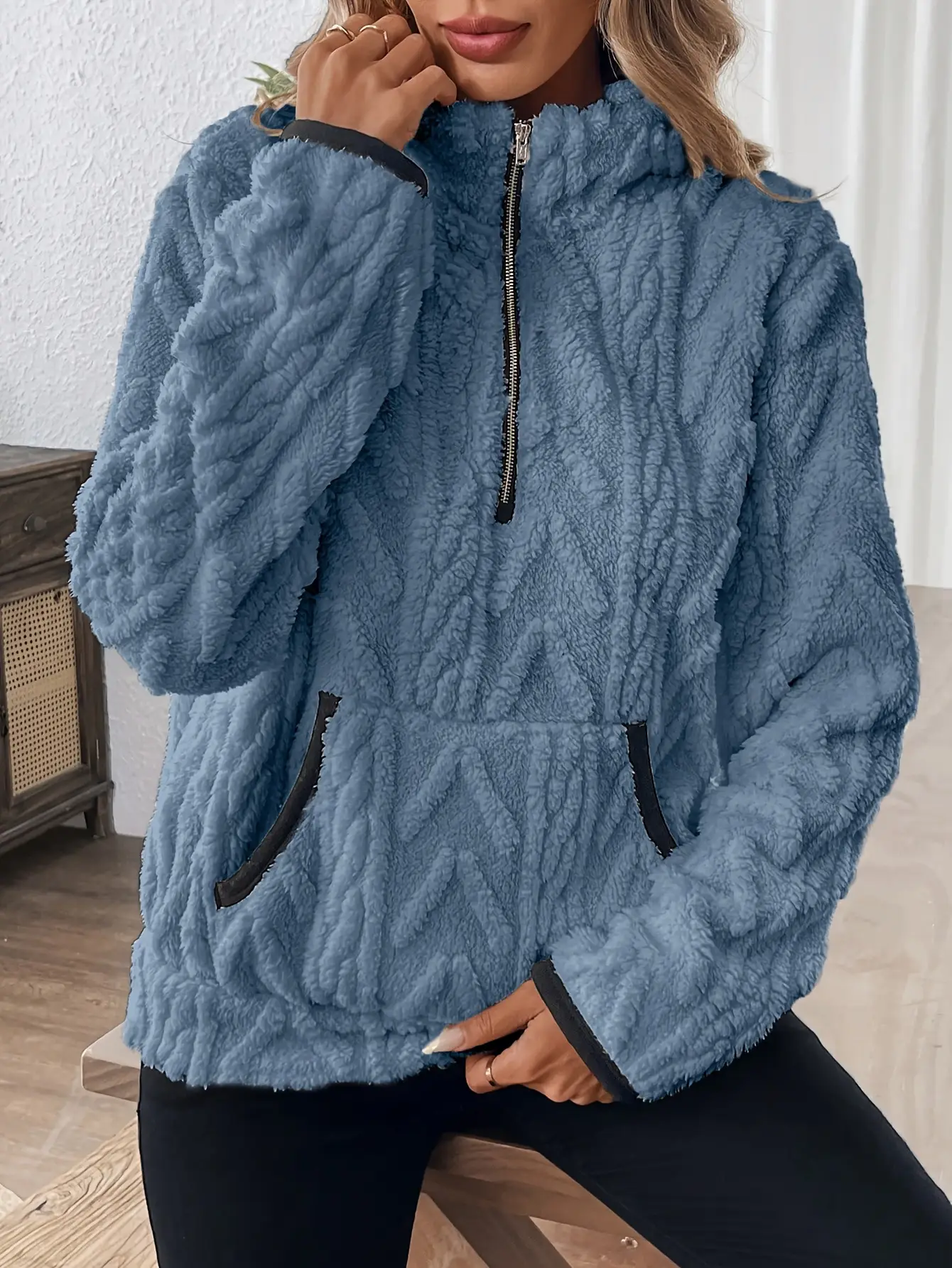 Purple Plush Half-Zip Sweatshirt with Pocket — feature 17