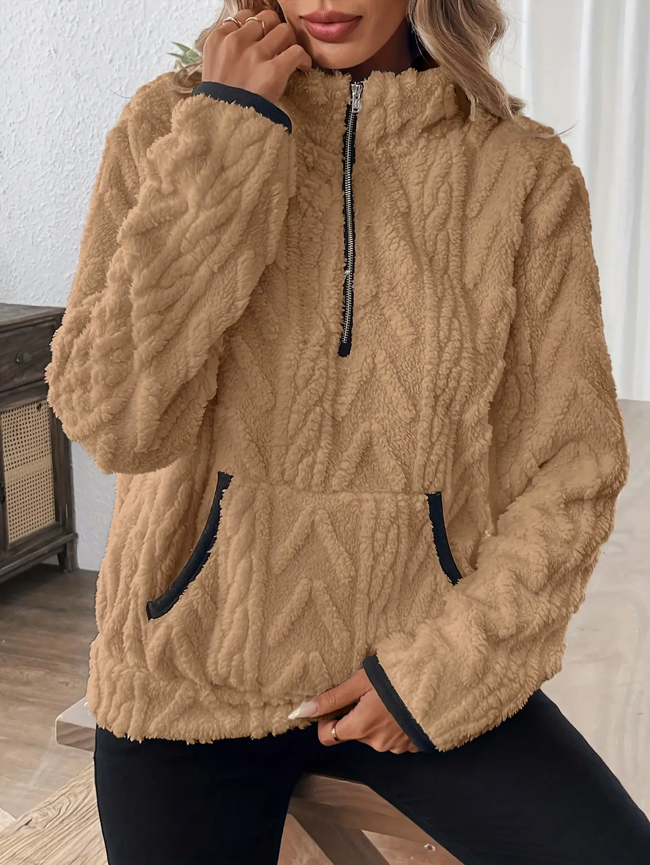 Purple Plush Half-Zip Sweatshirt with Pocket — feature 20