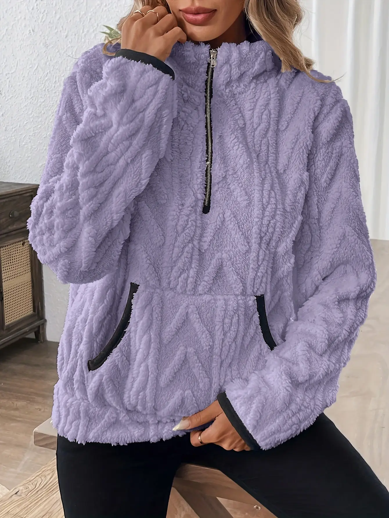 Purple Plush Half-Zip Sweatshirt with Pocket — feature 22