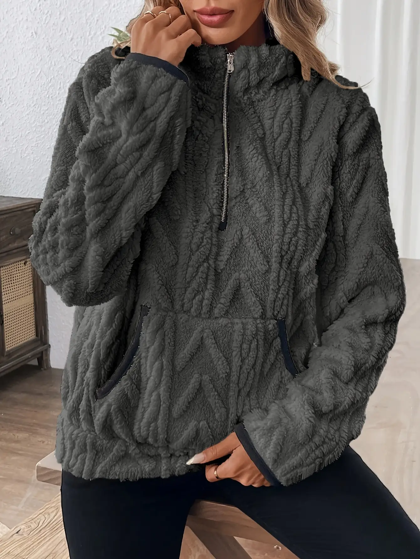 Purple Plush Half-Zip Sweatshirt with Pocket — feature 26