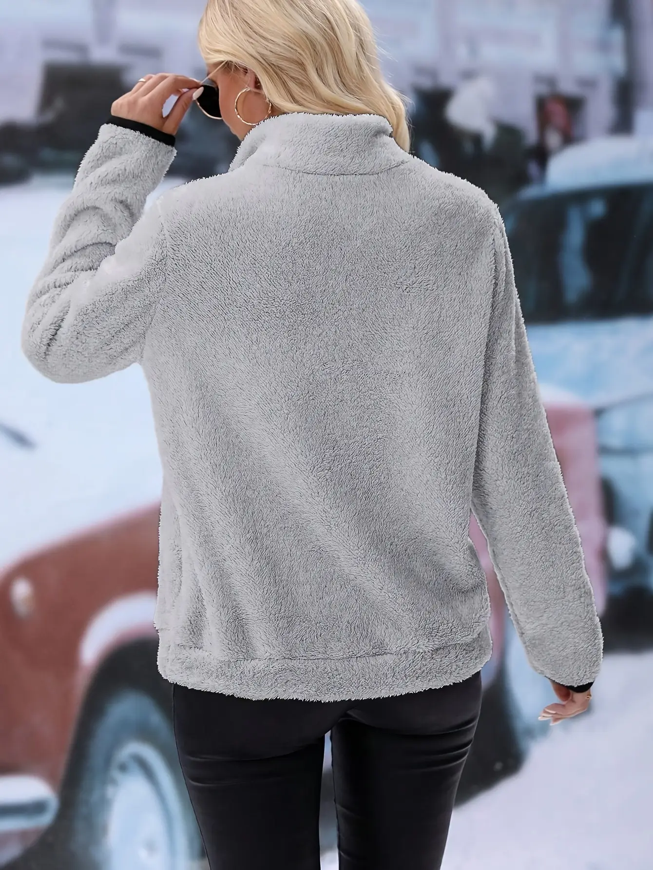 Purple Plush Half-Zip Sweatshirt with Pocket — feature 30