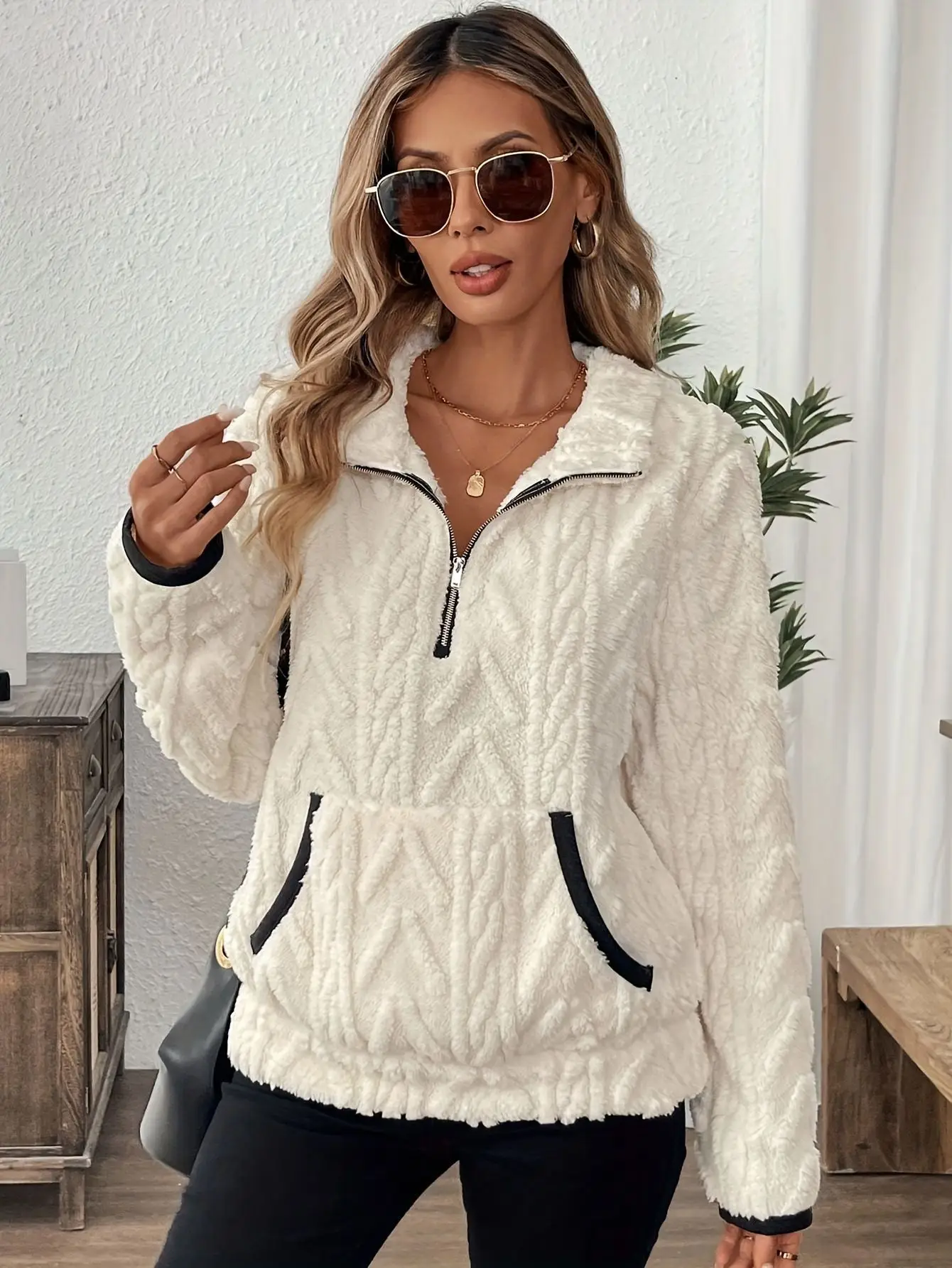 Purple Plush Half-Zip Sweatshirt with Pocket — feature 7