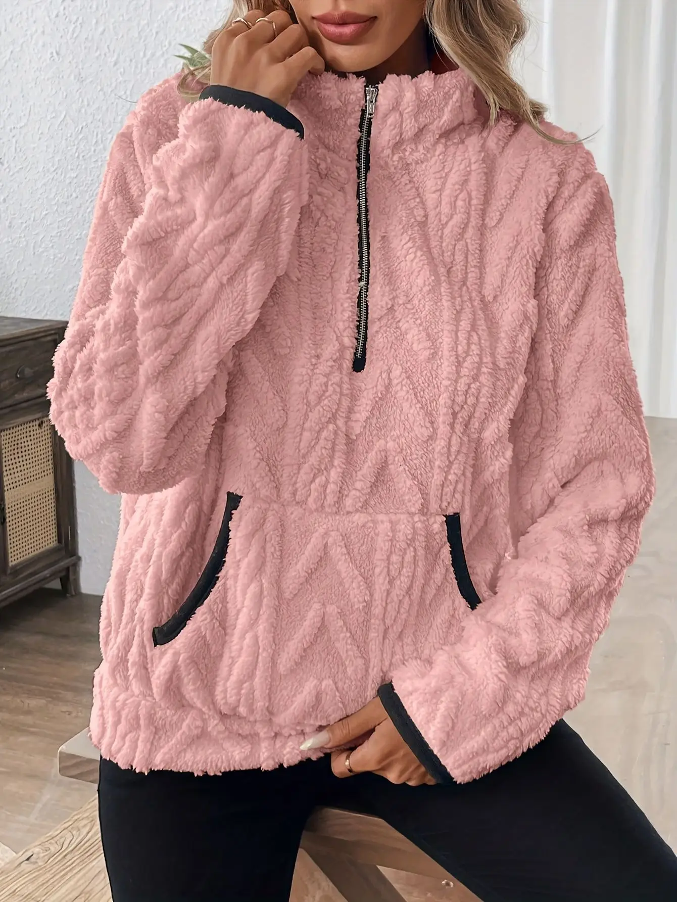 Purple Plush Half-Zip Sweatshirt with Pocket — feature 9