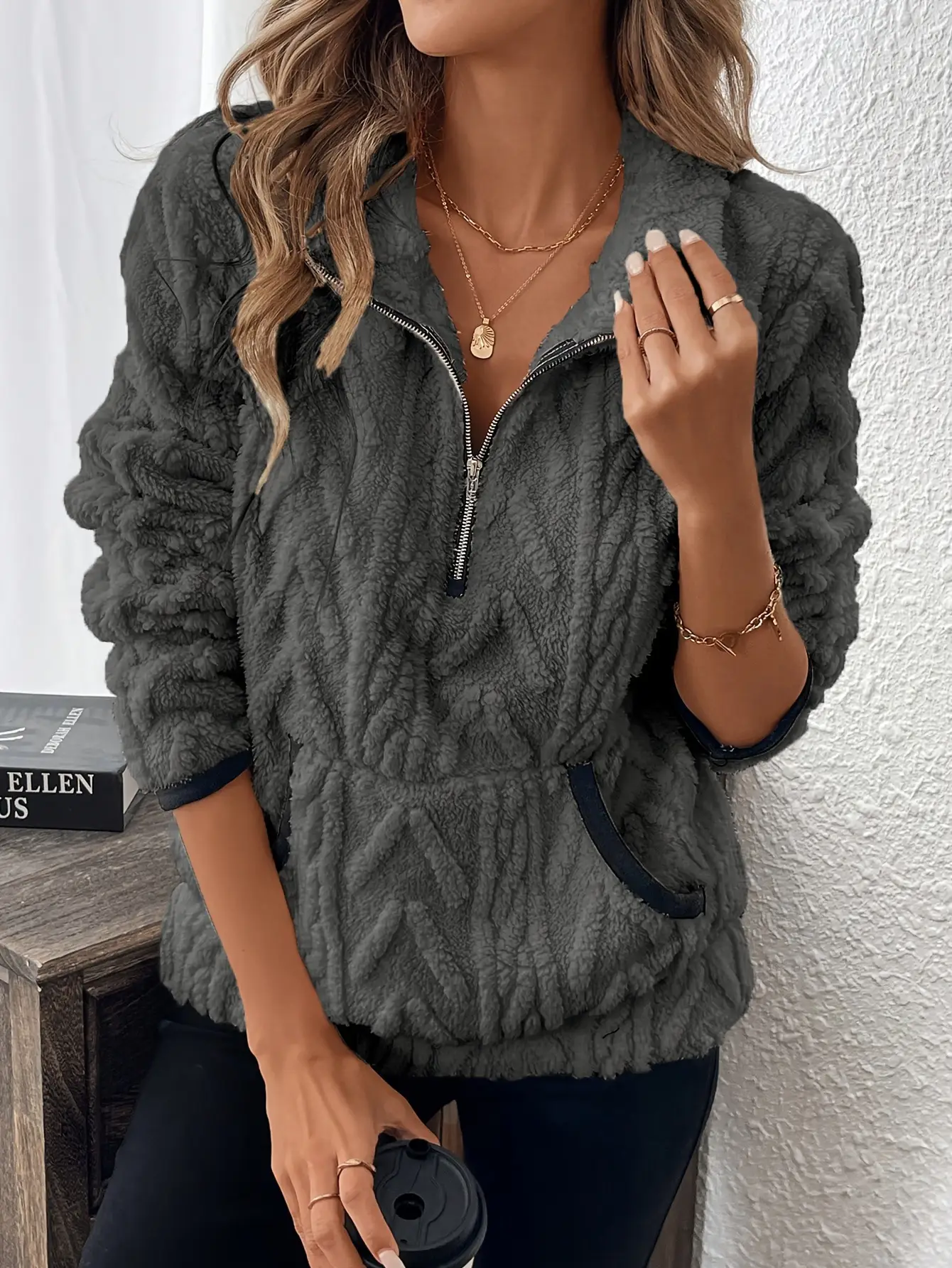 Purple Plush Half-Zip Sweatshirt with Pocket