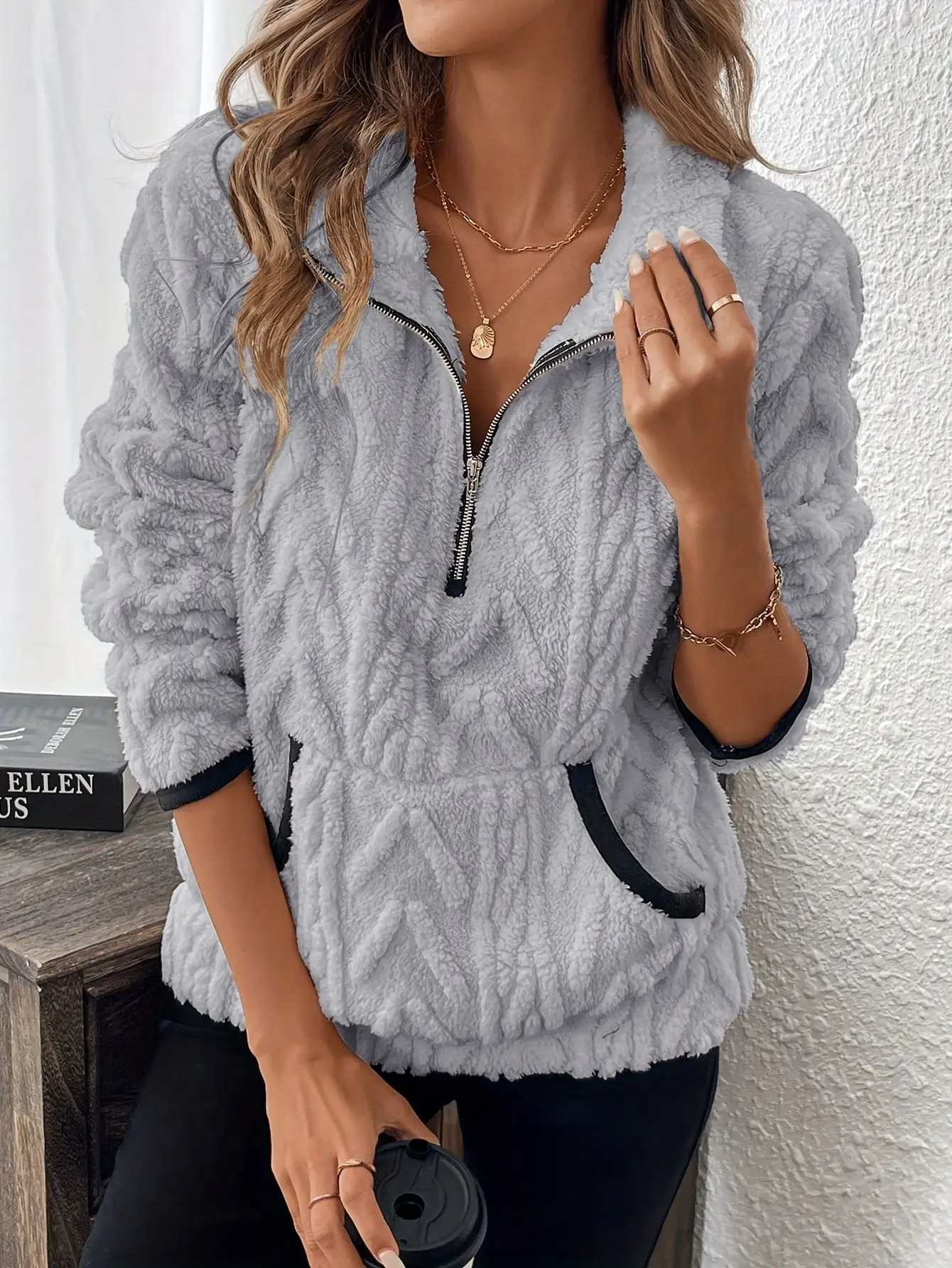 Purple Plush Half-Zip Sweatshirt with Pocket