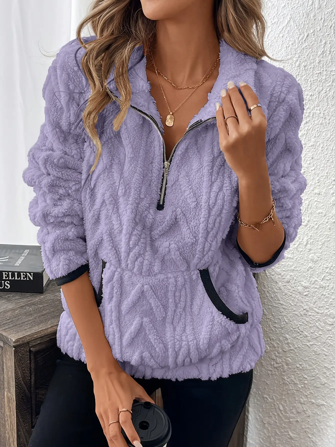 Purple Plush Half-Zip Sweatshirt with Pocket
