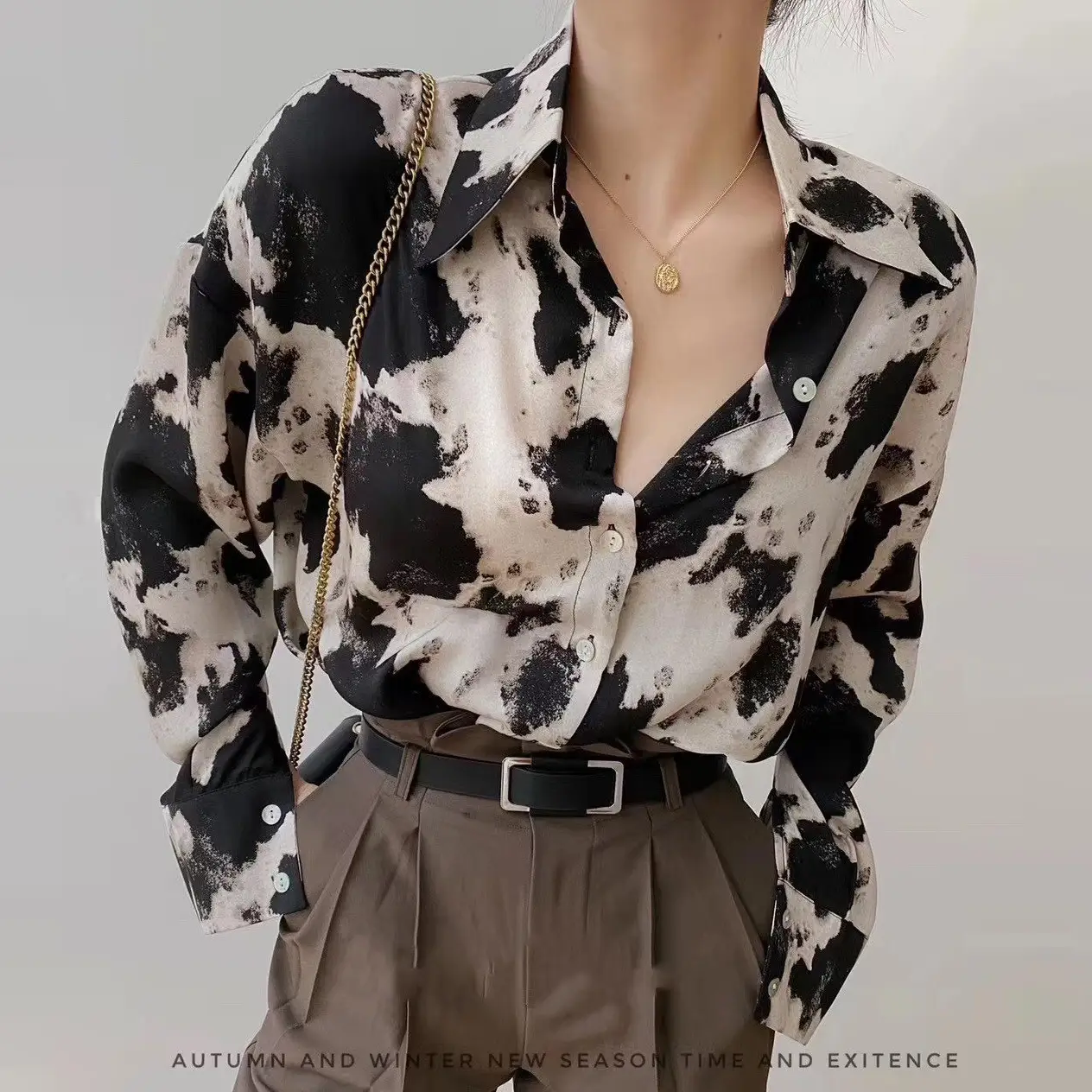 Leopard Print Long Sleeve Women's Shirt Brown Pants - Image 3