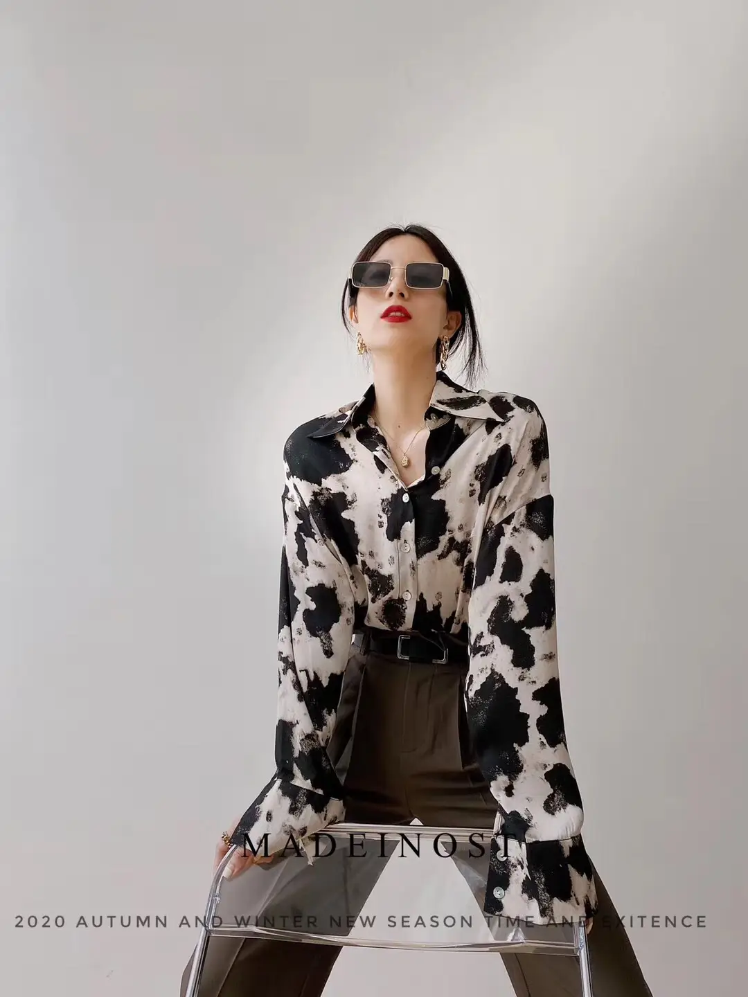 Leopard Print Long Sleeve Women's Shirt Brown Pants — feature 8