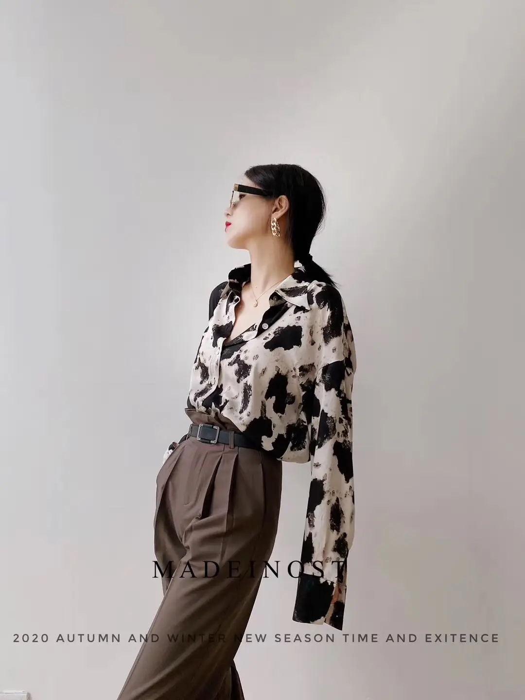 Leopard Print Long Sleeve Women's Shirt Brown Pants — feature 9