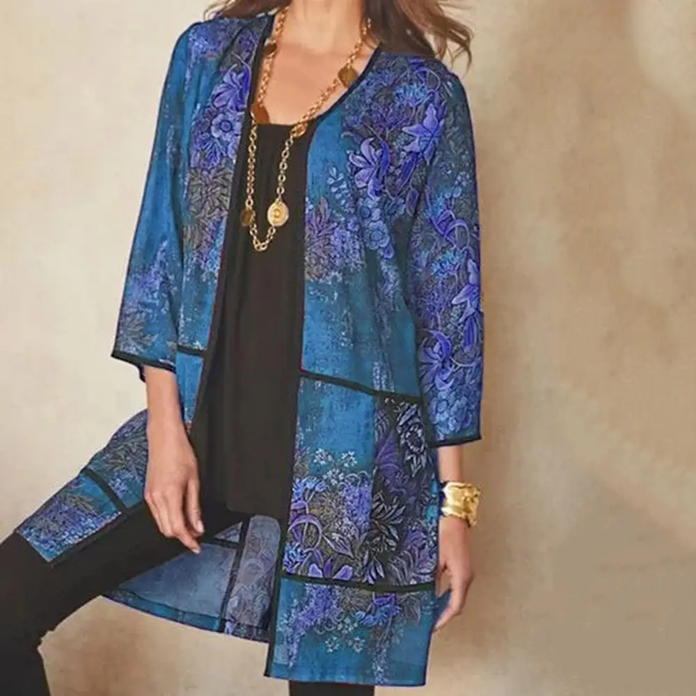 Women's Printed Blue Long Shirt Jacket with 3-QR Sleeve