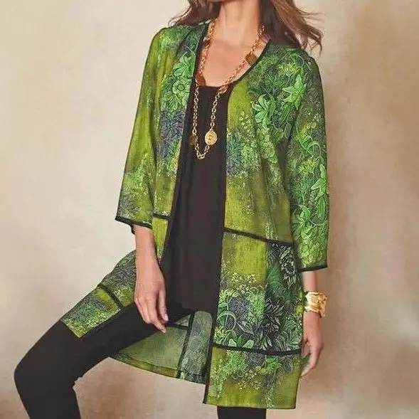 Women's Printed Blue Long Shirt Jacket with 3-QR Sleeve