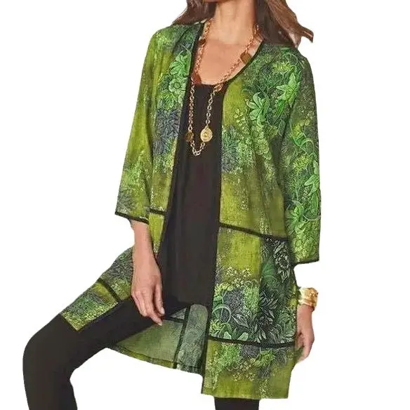 Women's Printed Blue Long Shirt Jacket with 3-QR Sleeve