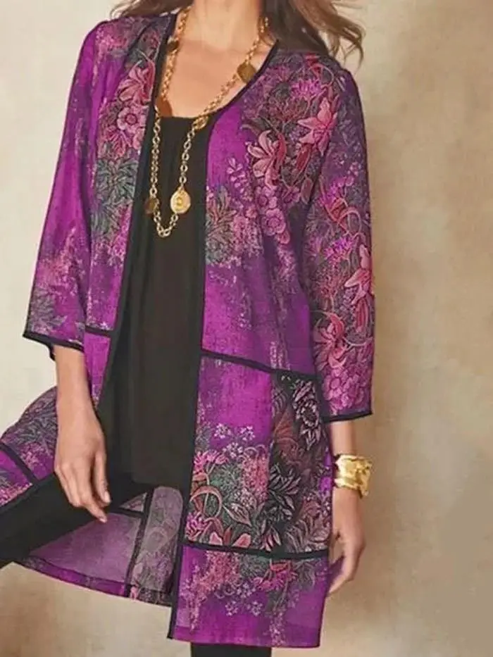 Women's Printed Blue Long Shirt Jacket with 3-QR Sleeve — feature 4