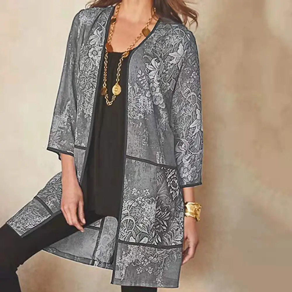 Women's Printed Blue Long Shirt Jacket with 3-QR Sleeve — feature 7