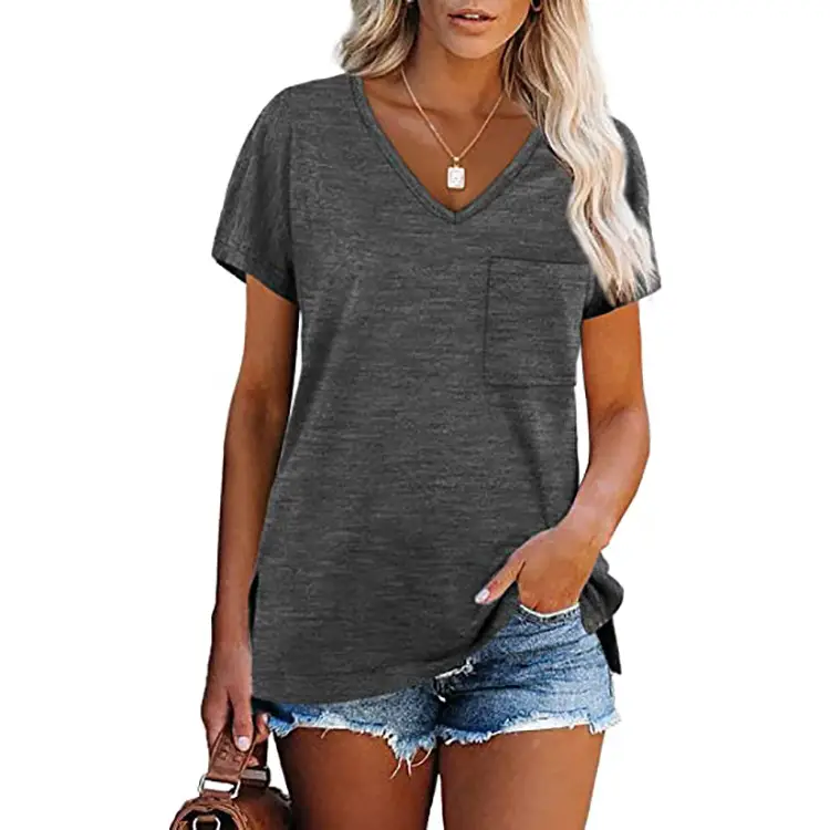 Women Black V-Neck T-Shirt with Flap Pocket - Image 3