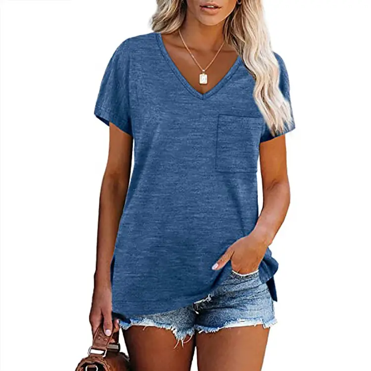 Women Black V-Neck T-Shirt with Flap Pocket - Image 5
