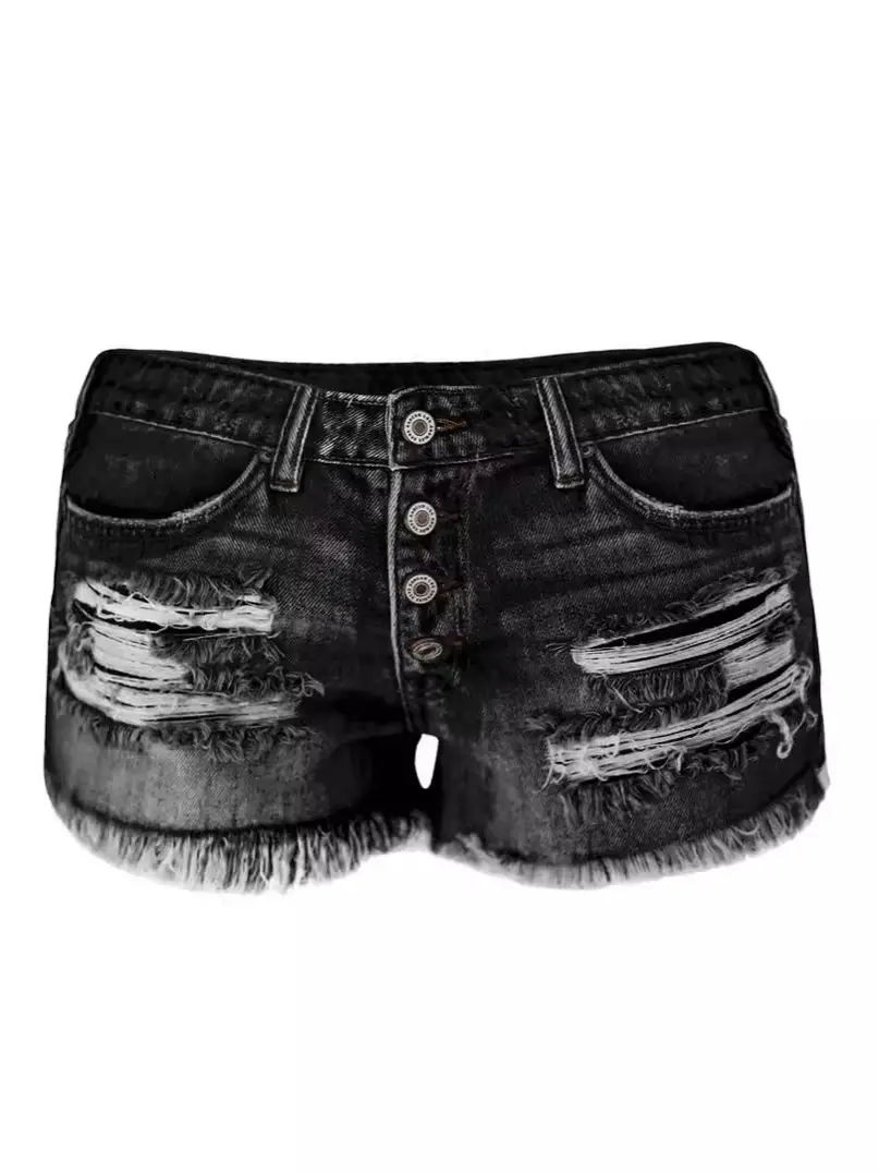 Denim Shorts for Women Black Frayed High Waist