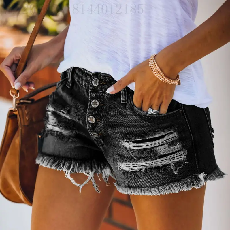 Denim Shorts for Women Black Frayed High Waist — feature 9