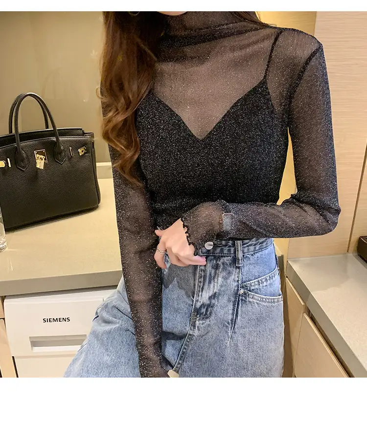 2025 Sexy See-Through Silk Mesh Top with Bright Bottoming — feature 8