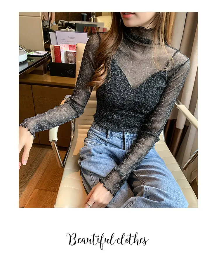 2025 Sexy See-Through Silk Mesh Top with Bright Bottoming — feature 9