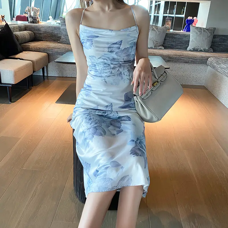Floral Slim Dress Blue White Shoulder Straps Elastic Waist - Image 3