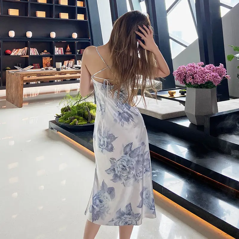 Floral Slim Dress Blue White Shoulder Straps Elastic Waist - Image 5