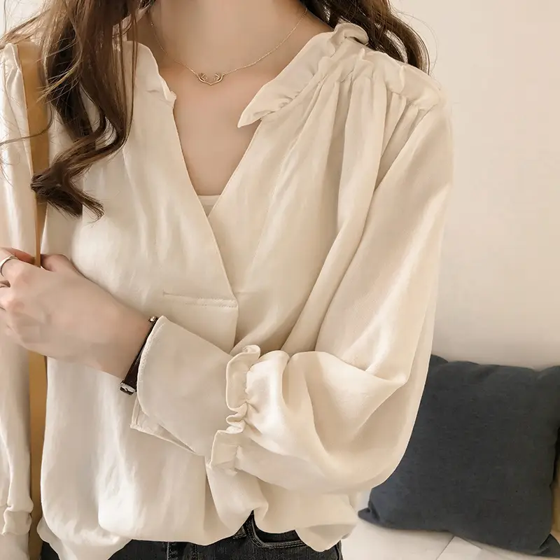 Korean-style Sweet Ruffled V-neck Long-sleeved Shirt - Image 5