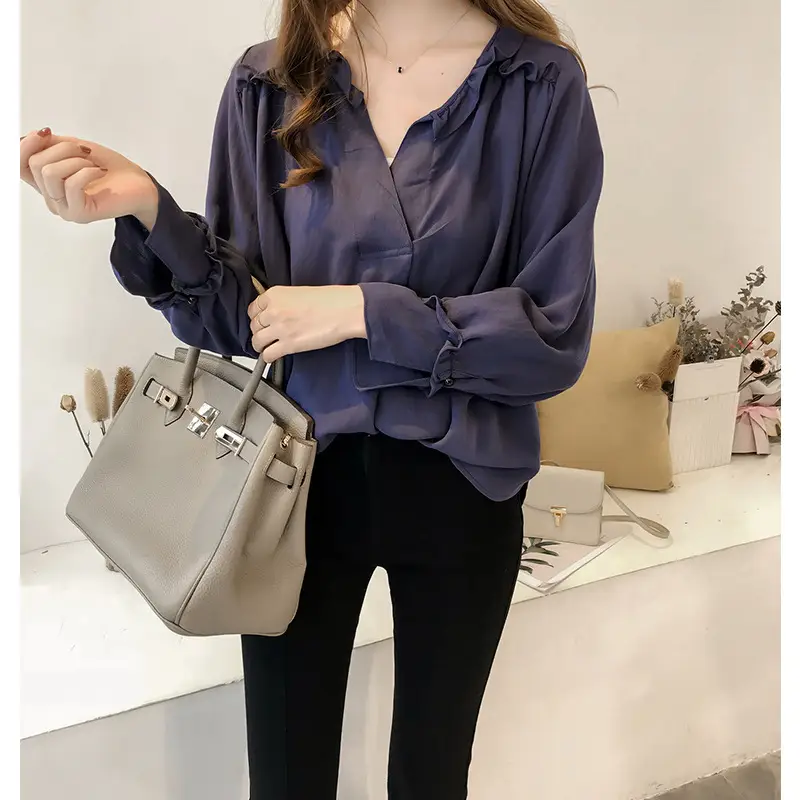 Korean-style Sweet Ruffled V-neck Long-sleeved Shirt - Image 6