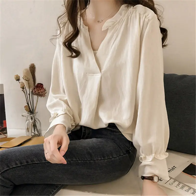 Korean-style Sweet Ruffled V-neck Long-sleeved Shirt - Image 7