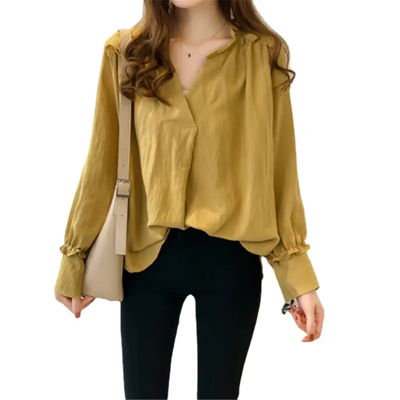 Korean-style Sweet Ruffled V-neck Long-sleeved Shirt - Image 8