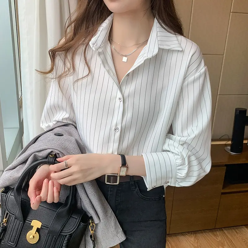 Women Vertical Stripe Long Sleeve Shirt Autumn Wear - Image 5