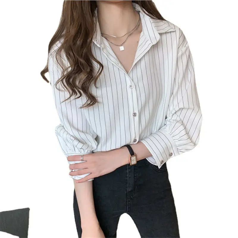 Women Vertical Stripe Long Sleeve Shirt Autumn Wear - Image 7