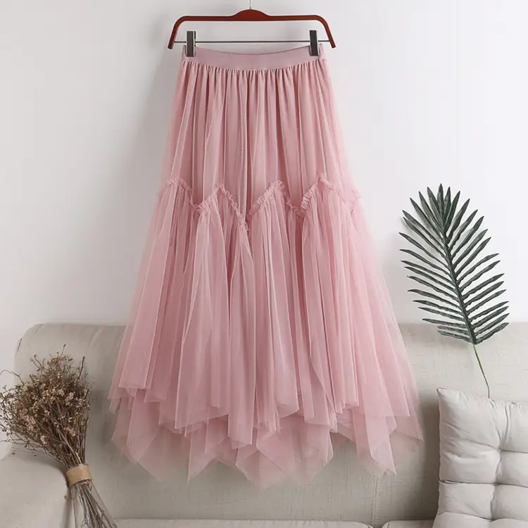 Pink Mesh Patchwork Skirt Women's Double Layer - Image 3